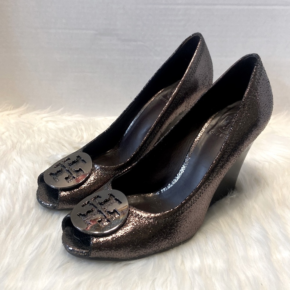 Tory Burch Julianne Peep Toe Dark Metallic Wedge Heels Size 8